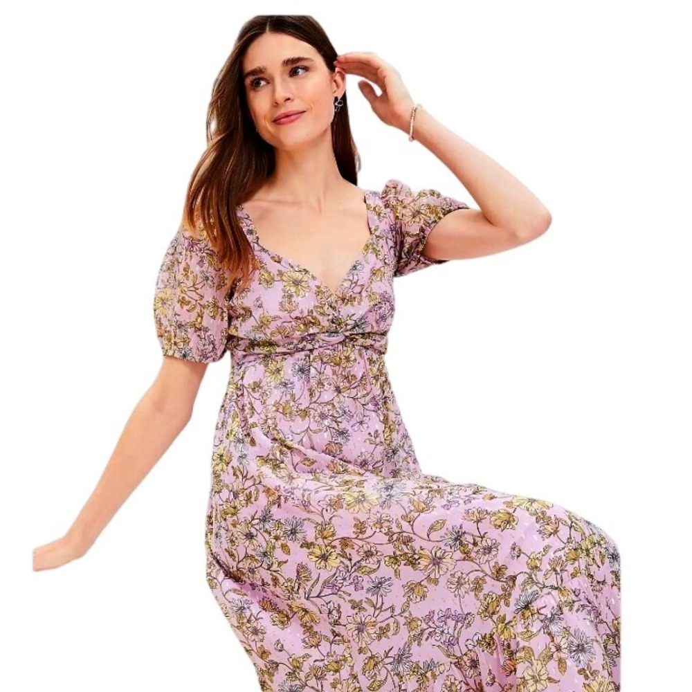 LOFT Floral Maxi Dress Balloon Sleeve Twist Front Metallic Detail‎ Size 4